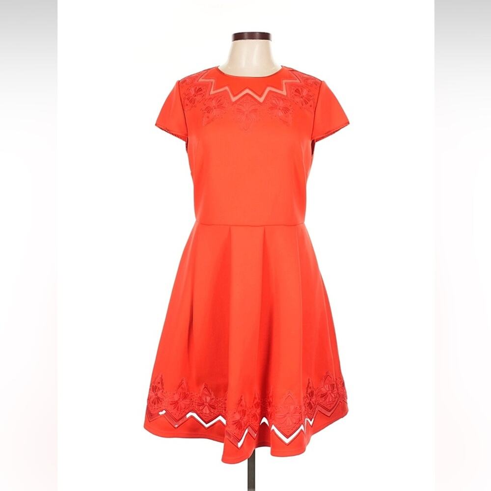Ted Baker London red orange embroidered fit and flare scuba dress, L